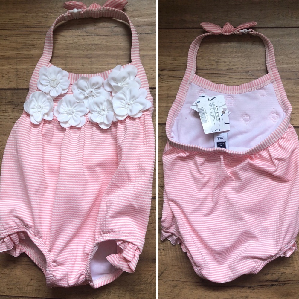Janie & Jack pink & white floral/stripe swimsuit